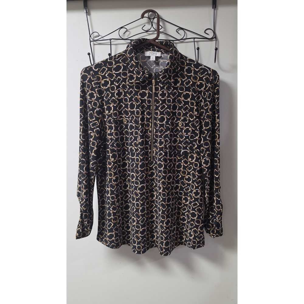 Jones Studio Womens Blk + Gold Chain print Zip Front jersey Top Sz M pre-owned